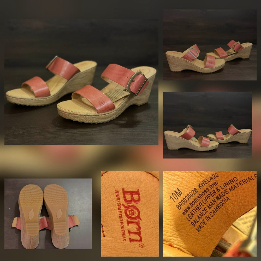 Born Women's Emily LEATHER Straps Wedge Mule Sandals Size 10 M Rust Pink Red - Picture 11 of 15